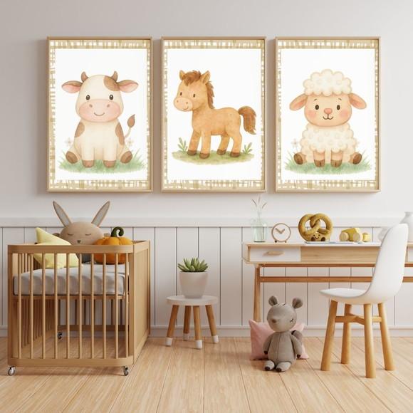 Decoração Quarto Bebê Fazendinha Aquarela Kit Quadros Vidro