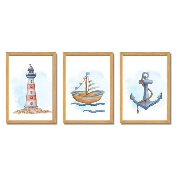 Decoração Quarto Bebê Marinheiro Kit 3 Quadros