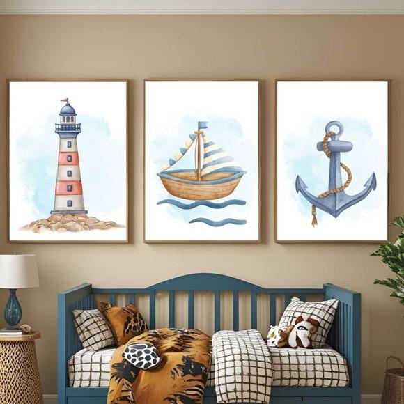 Decoração Quarto Bebê Marinheiro Kit 3 Quadros