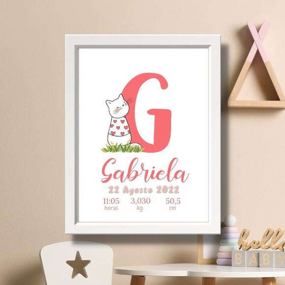Editar Quadro de Nascimento Gatinha Moldura com Vidro 33x43