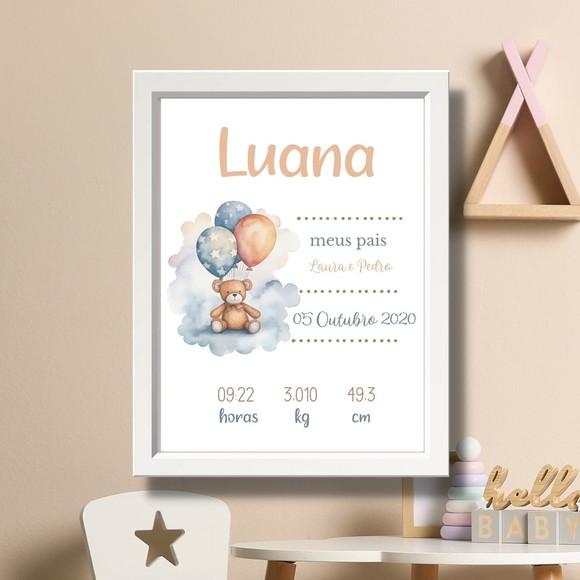 Editar Quadro de Nascimento Quarto de Bebe Urso Balão 33x43