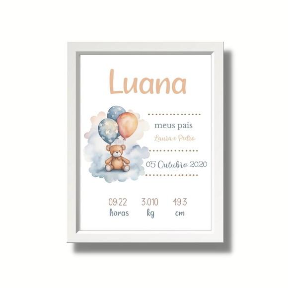 Editar Quadro de Nascimento Quarto de Bebe Urso Balão 33x43