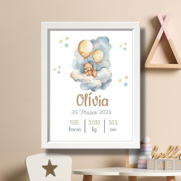 Editar Quadro de Nascimento Quarto de Menina Moldura 33x43cm