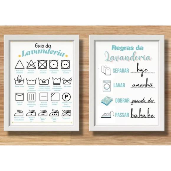 Kit 2 Quadro Area Lavanderia 20x30 Moldura com Vidro