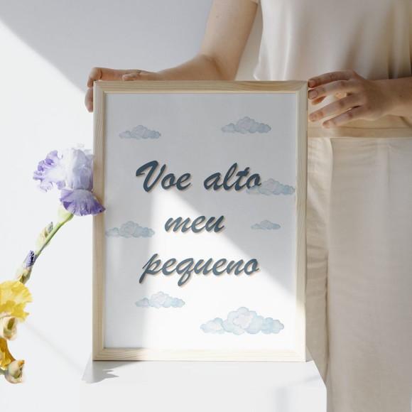 Jogo Quadros Ursinho Aviador Nuvem Aquarela Moldura Madeira
