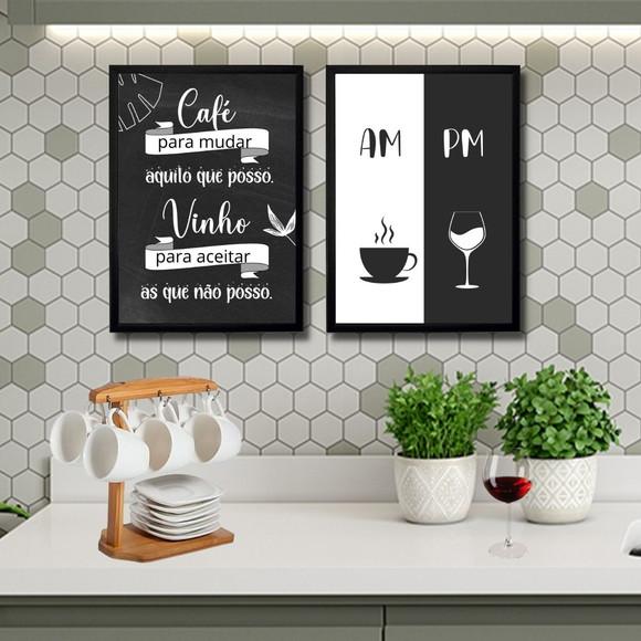 Kit 2 Quadros Cantinho do Café Bar Vinho Taça 30x40 c/ Vidro