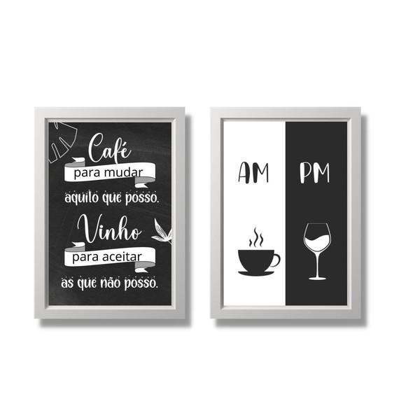 Kit 2 Quadros Cantinho do Café Bar Vinho Taça 30x40 c/ Vidro