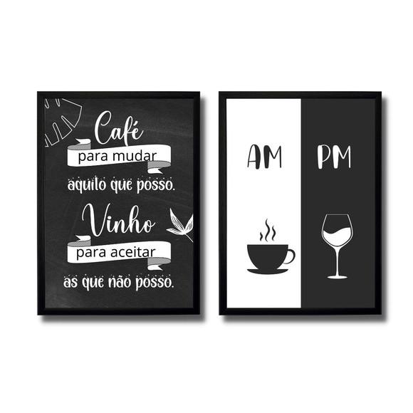 Kit 2 Quadros Cantinho do Café Bar Vinho Taça 30x40 c/ Vidro