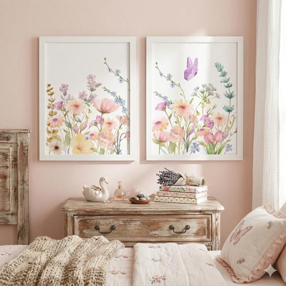 Kit 2 Quadros Decorativo Floral Delicado Moldura com Vidro