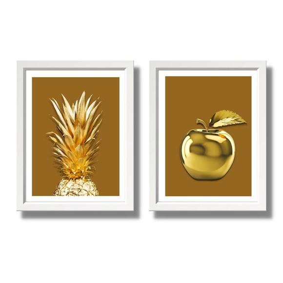 Kit 2 Quadros Decorativos para Cozinha Frutas Douradas 33x43