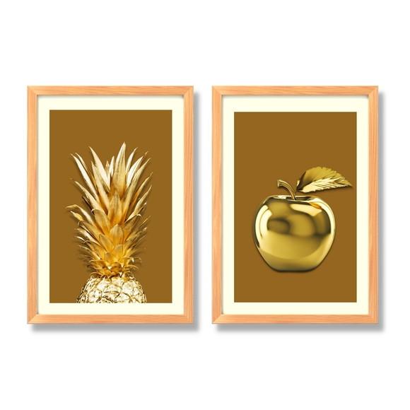 Kit 2 Quadros Decorativos para Cozinha Frutas Douradas 33x43