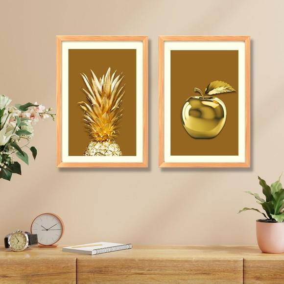 Kit 2 Quadros Decorativos para Cozinha Frutas Douradas 33x43