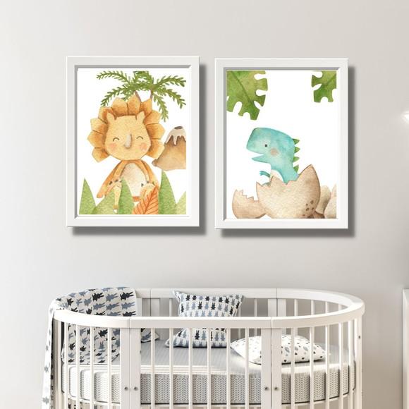 Kit 2 Quadros Dino Baby Quarto de Menino 33x43cm