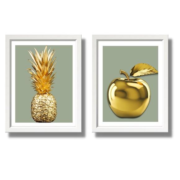 Kit 2 Quadros para Cozinha Moderna Frutas Abacaxi 33x43cm