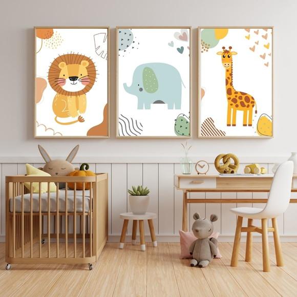 Kit 3 Peças Quadro Infantil Safari Aquarela Moldura 33x43 cm