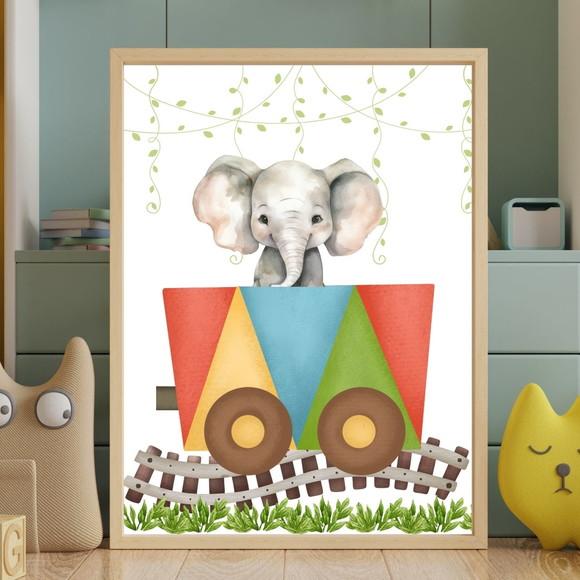 Kit 3 Peças Safari Elefante Trenzinho Aquarela Moldura 33x43