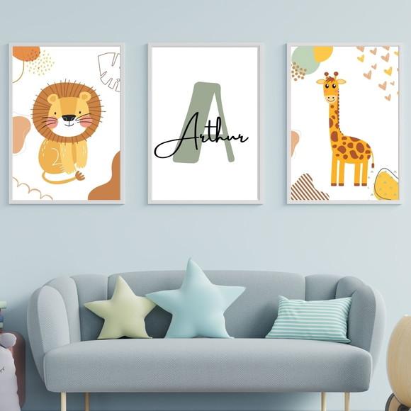 Kit 3 Peças Safari Minimalista Personalizado Moldura 33x43cm