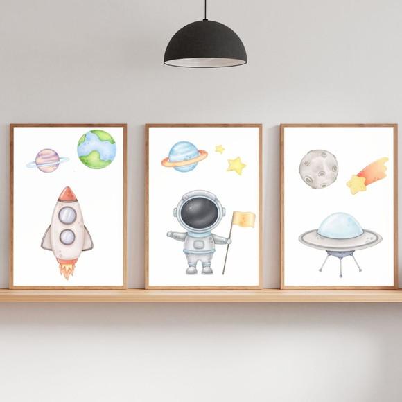 Kit 3 Quadro Infantil Astronauta Moldura com Vidro 33x43 cm