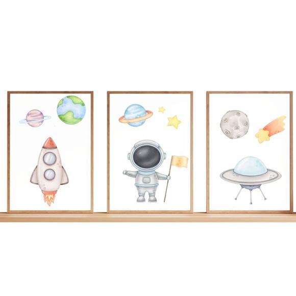 Kit 3 Quadro Infantil Astronauta Moldura com Vidro 33x43 cm