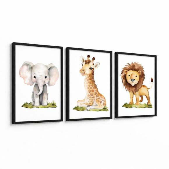 Kit 3 Quadros Animais Quarto de Bebê Safari Moldura e Vidro