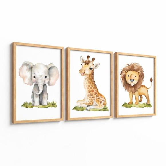 Kit 3 Quadros Animais Quarto de Bebê Safari Moldura e Vidro