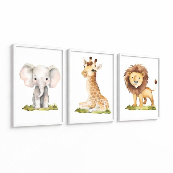 Kit 3 Quadros Animais Quarto de Bebê Safari Moldura e Vidro