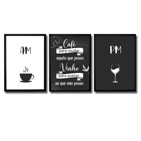 Kit 3 Quadros Cantinho do Café Bar Vinho Taça Am Pm 20x30cm