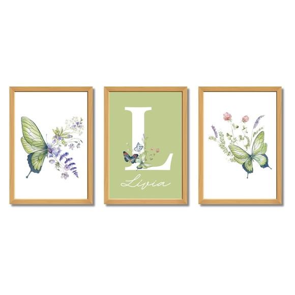 Kit 3 Quadros Bebê Menina Borboletas | Moldura com Vidro