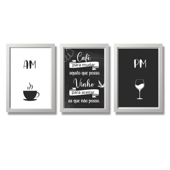 Kit 3 Quadros Cantinho do Café Bar Vinho Taça Am Pm 20x30cm