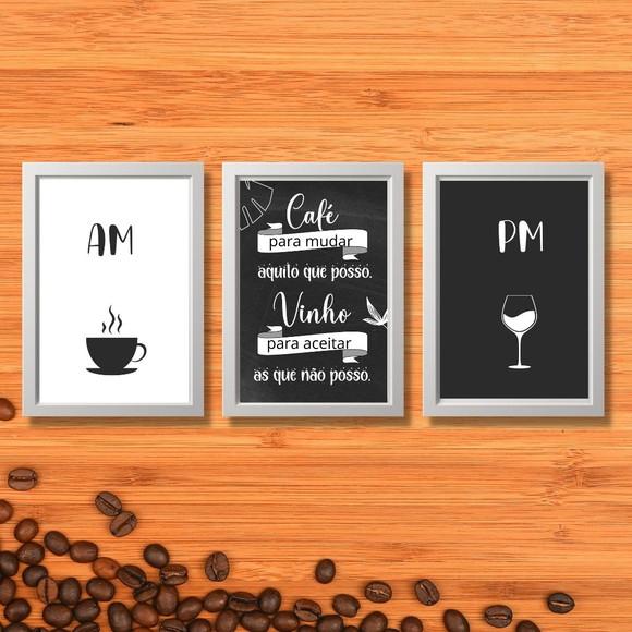 Kit 3 Quadros Cantinho do Café Bar Vinho Taça Am Pm 20x30cm