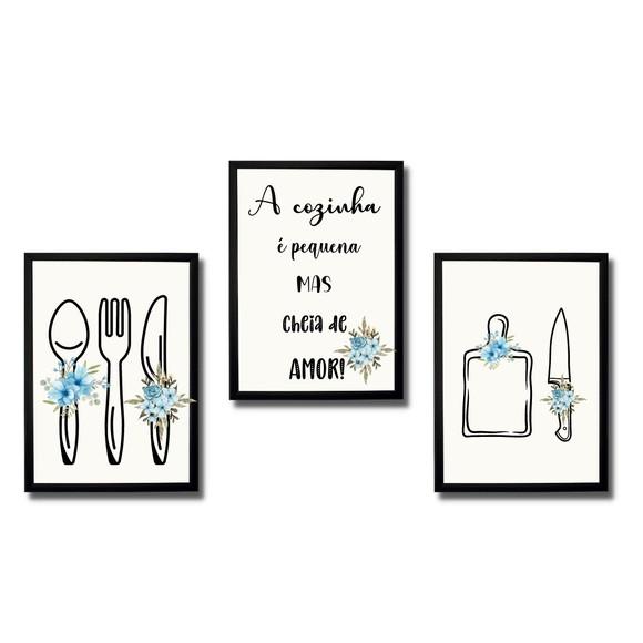 Kit 3 Quadros Decorativo p/ Cozinha Moldura e Vidro 20x30