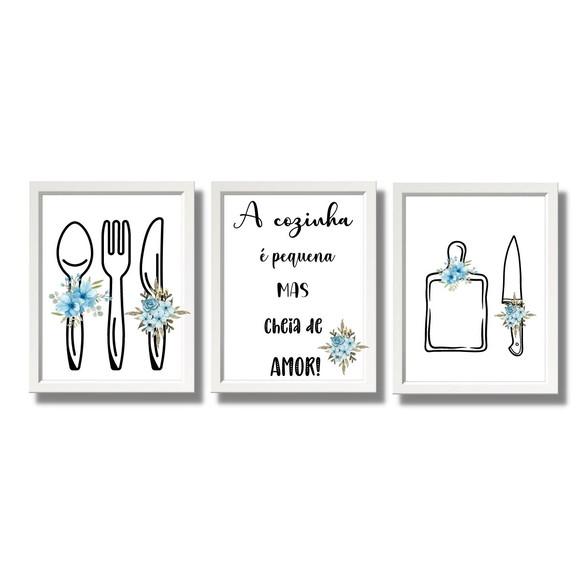 Kit 3 Quadros Decorativo p/ Cozinha Moldura e Vidro 20x30