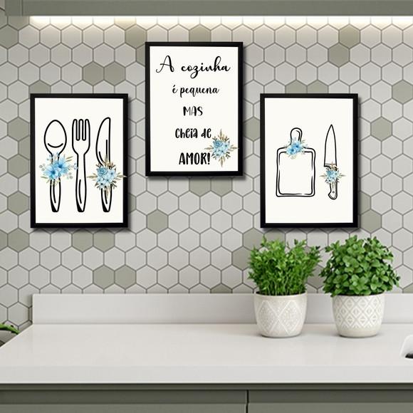 Kit 3 Quadros Decorativo p/ Cozinha Moldura e Vidro 20x30