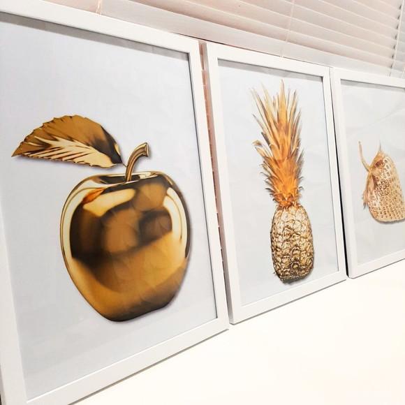 Kit 3 Quadros Decorativo para Cozinha Abacaxi Dourado 33x43