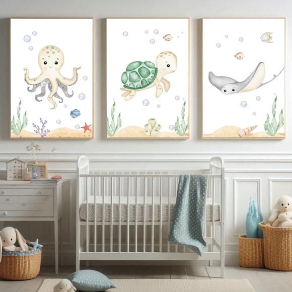 Kit 3 Quadros Decorativos Infantil Fundo do Mar com Vidro