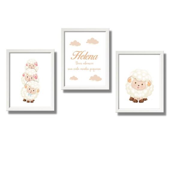 Kit 3 Quadros Decorativos Ovelhinha Personalizado 23x33cm