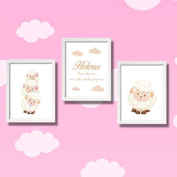 Kit 3 Quadros Decorativos Ovelhinha Personalizado 23x33cm