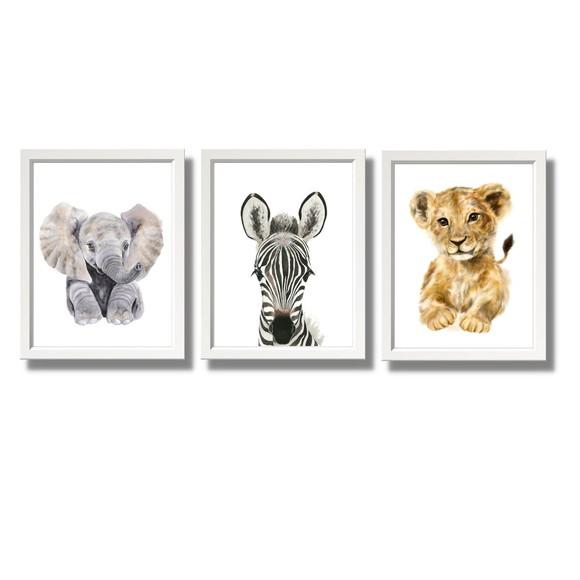 Kit 3 Quadros Decorativos Safari Leao Elefante Zebra 33x43cm