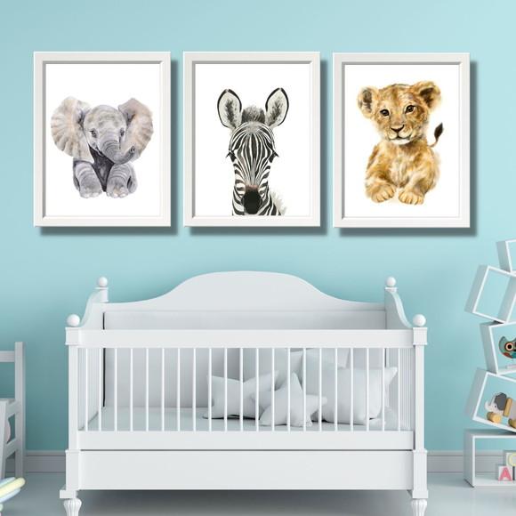 Kit 3 Quadros Decorativos Safari Leao Elefante Zebra 33x43cm