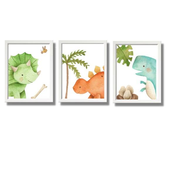 Kit 3 Quadros Dino Baby Quarto de Menino 33x43cm