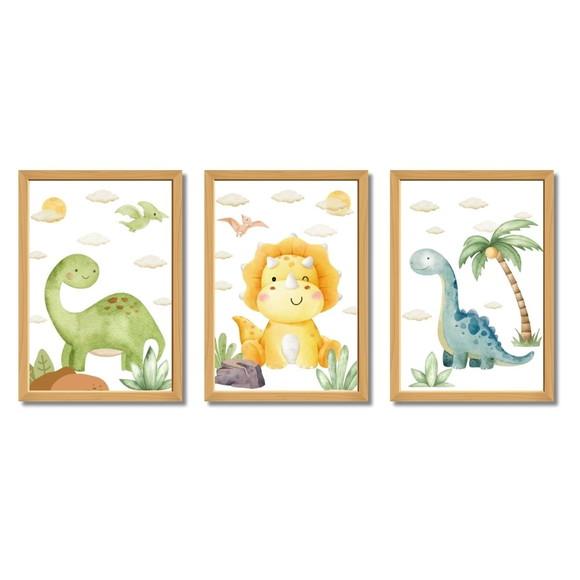 Kit 3 Quadros Dinossauro | Decoração Quarto Bebê | 23x33 cm