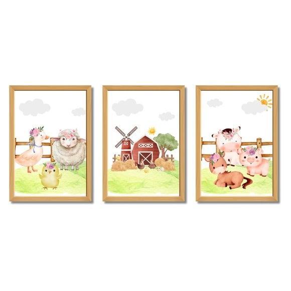 Kit 3 Quadros Fazendinha Baby | Vaquinha, Porquinho e Cavalo