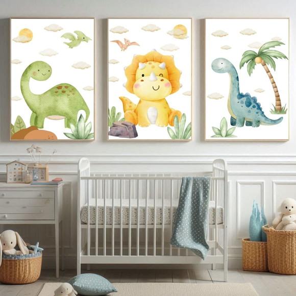 Kit 3 Quadros Dinossauro | Decoração Quarto Bebê | 23x33 cm