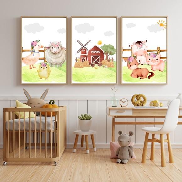 Kit 3 Quadros Fazendinha Baby | Vaquinha, Porquinho e Cavalo