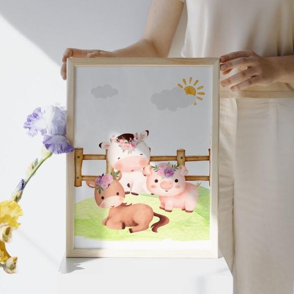 Kit 3 Quadros Fazendinha Baby | Vaquinha, Porquinho e Cavalo