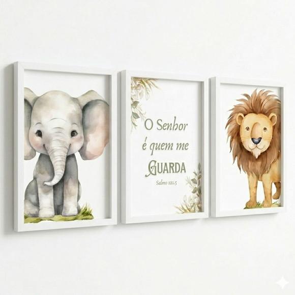 Kit 3 Quadros Infantil Animais Frase Bíblica Moldura e Vidro