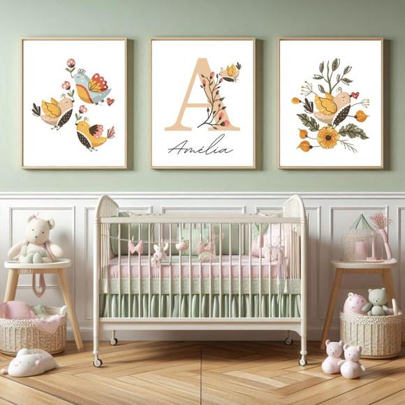 Kit 3 Quadros Florais com Nome Infantil | Moldura com Vidro
