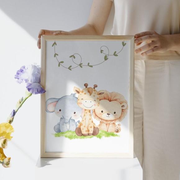 Kit 3 Quadros Infantil Bíblico Cristão Safari com Vidro