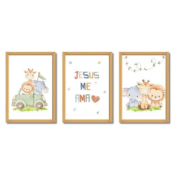 Kit 3 Quadros Infantil Bíblico Cristão Safari com Vidro