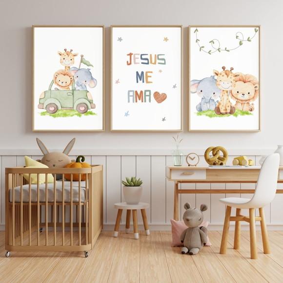 Kit 3 Quadros Infantil Bíblico Cristão Safari com Vidro
